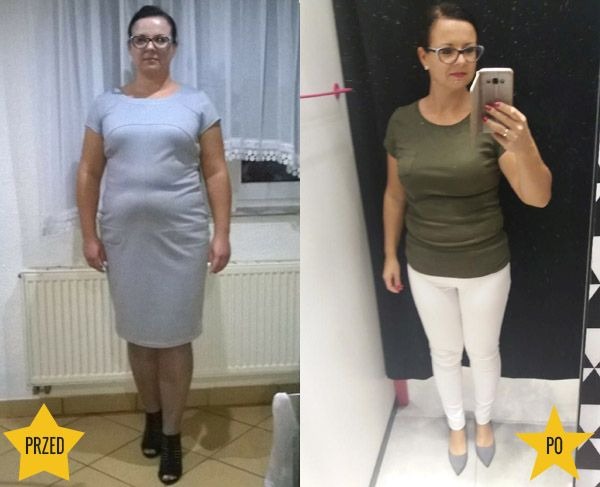 Kobieta w okularach prezentuje metamorfozę sylwetki: zdjęcie po lewej w szarej sukience przed zmianą, po prawej w oliwkowej bluzce i białych spodniach po zmianie, z widocznym telefonem w dłoni.