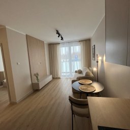 Jasne wnętrze mieszkania z drewnianą podłogą, beżową sofą i czarnym stolikiem. Na ścianie drewniana zabudowa TV z szafką. Widok na balkon przez okno z zasłonami.