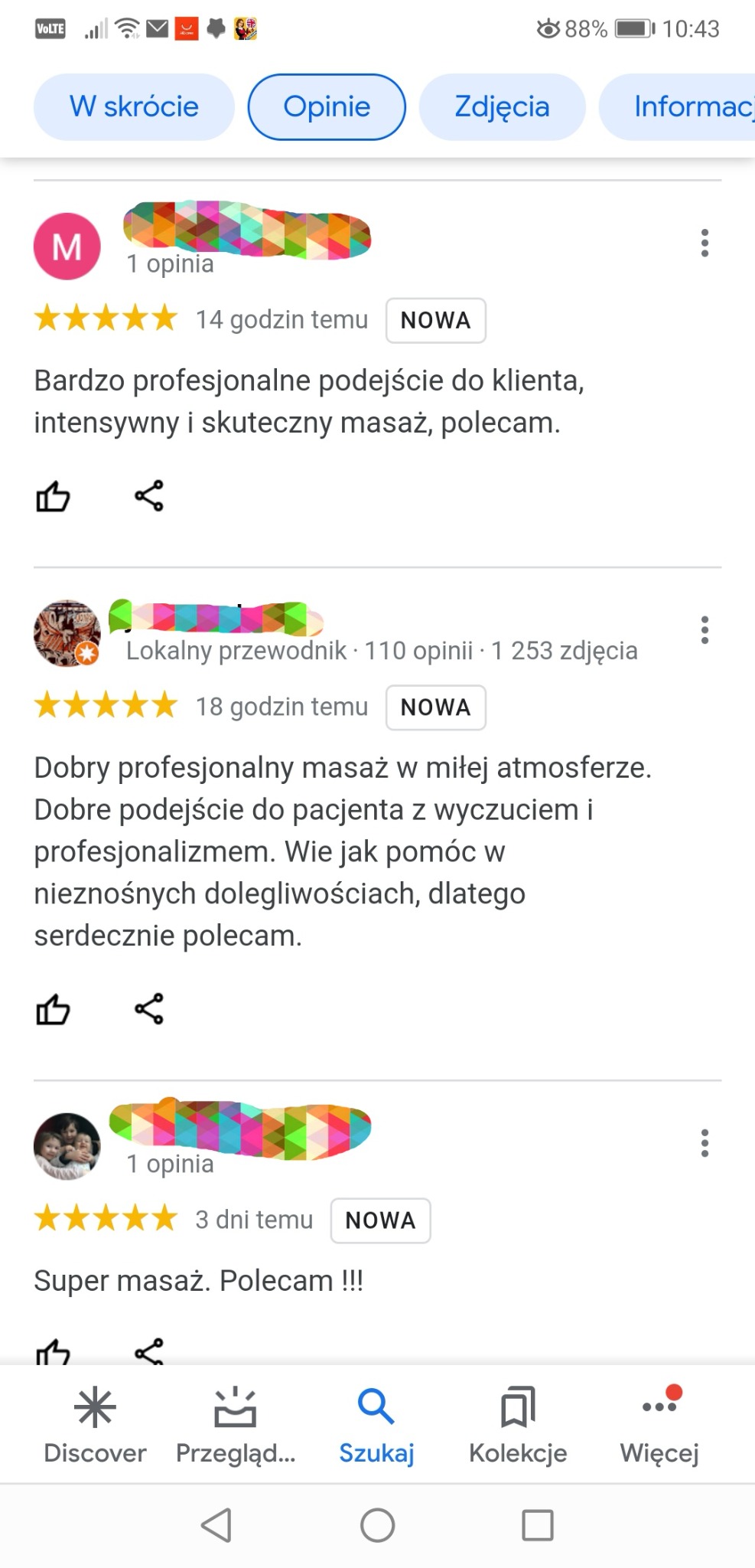 Zrzut ekranu z opiniami klientów na temat masażu, zawierający oceny pięciogwiazdkowe oraz pozytywne komentarze dotyczące profesjonalizmu i skuteczności.