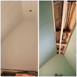 Szym-bud - Poddasze w trakcie wykańczania: ściana z płyt karton-gips, widoczne ocieplenie i elementy wentylacji pod skosami dachu.