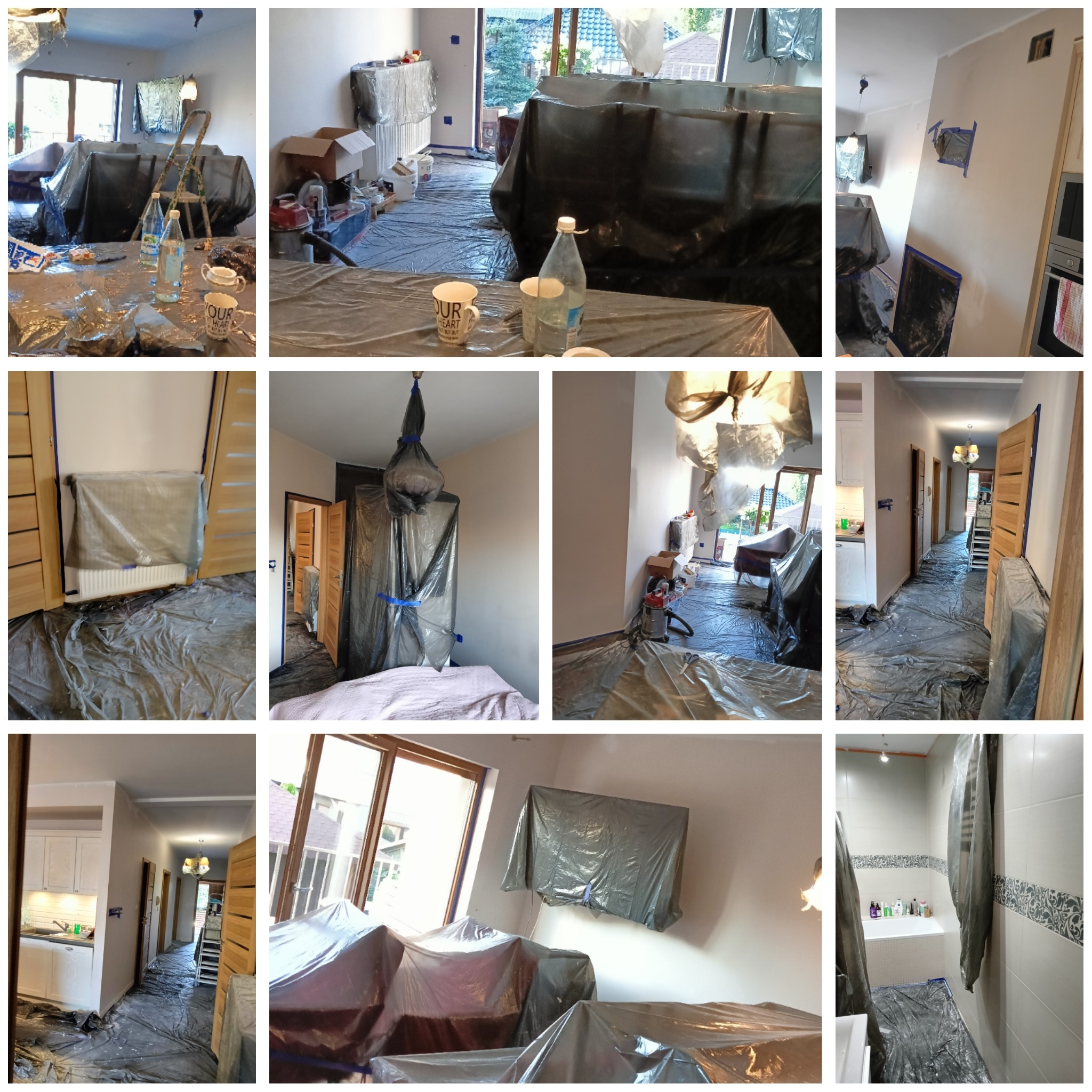 Przygotowania do odświeżenia wnętrza w Skorogoszczy: meble i podłogi zabezpieczone folią malarską, ściany gotowe do malowania, widoczne akcesoria malarskie.