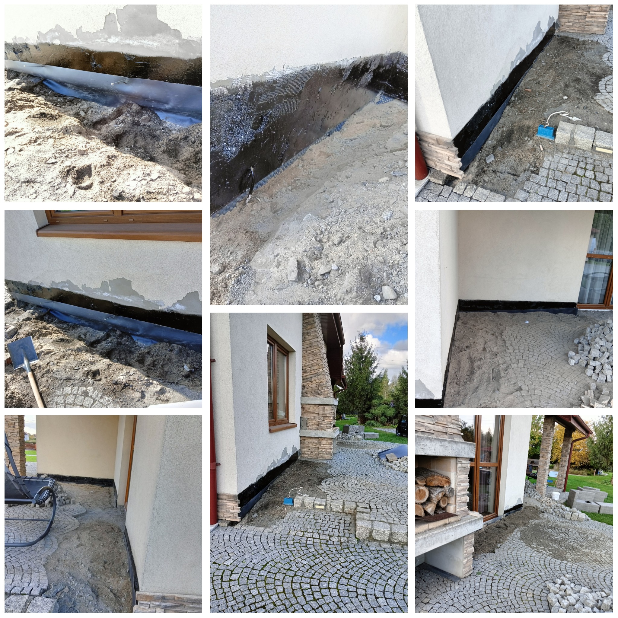 Hydroizolacja fundamentów budynku z zastosowaniem czarnej masy bitumicznej i folii, widoczne przygotowanie podłoża i układanie kostki brukowej.