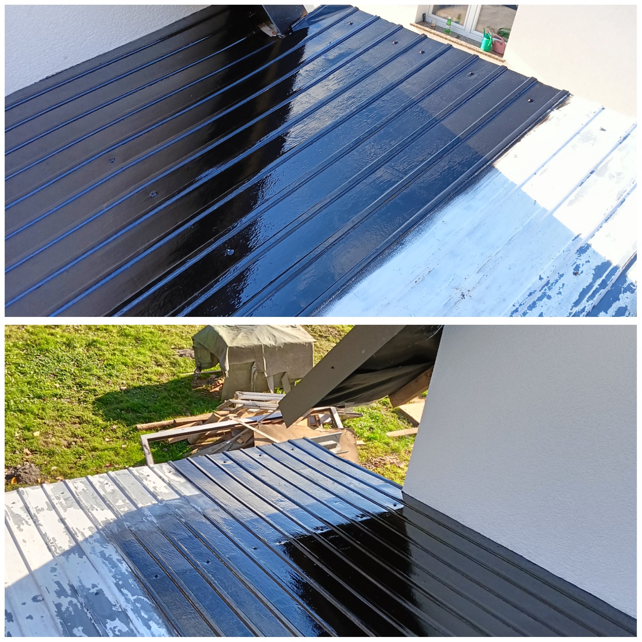 Blacha trapezowa na dachu, częściowo pomalowana na czarno, z widocznymi śladami wcześniejszej, jasnej farby. Na drugim planie trawnik i elementy otoczenia.