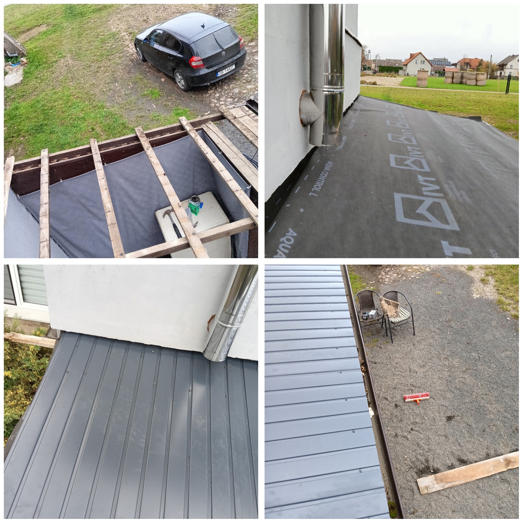 Cztery kadry: Dach w trakcie budowy z widoczną konstrukcją, papa izolacyjna z nadrukiem, blaszany dach z kominem, oraz widok z dachu na posesję z krzesłami i miotłą.