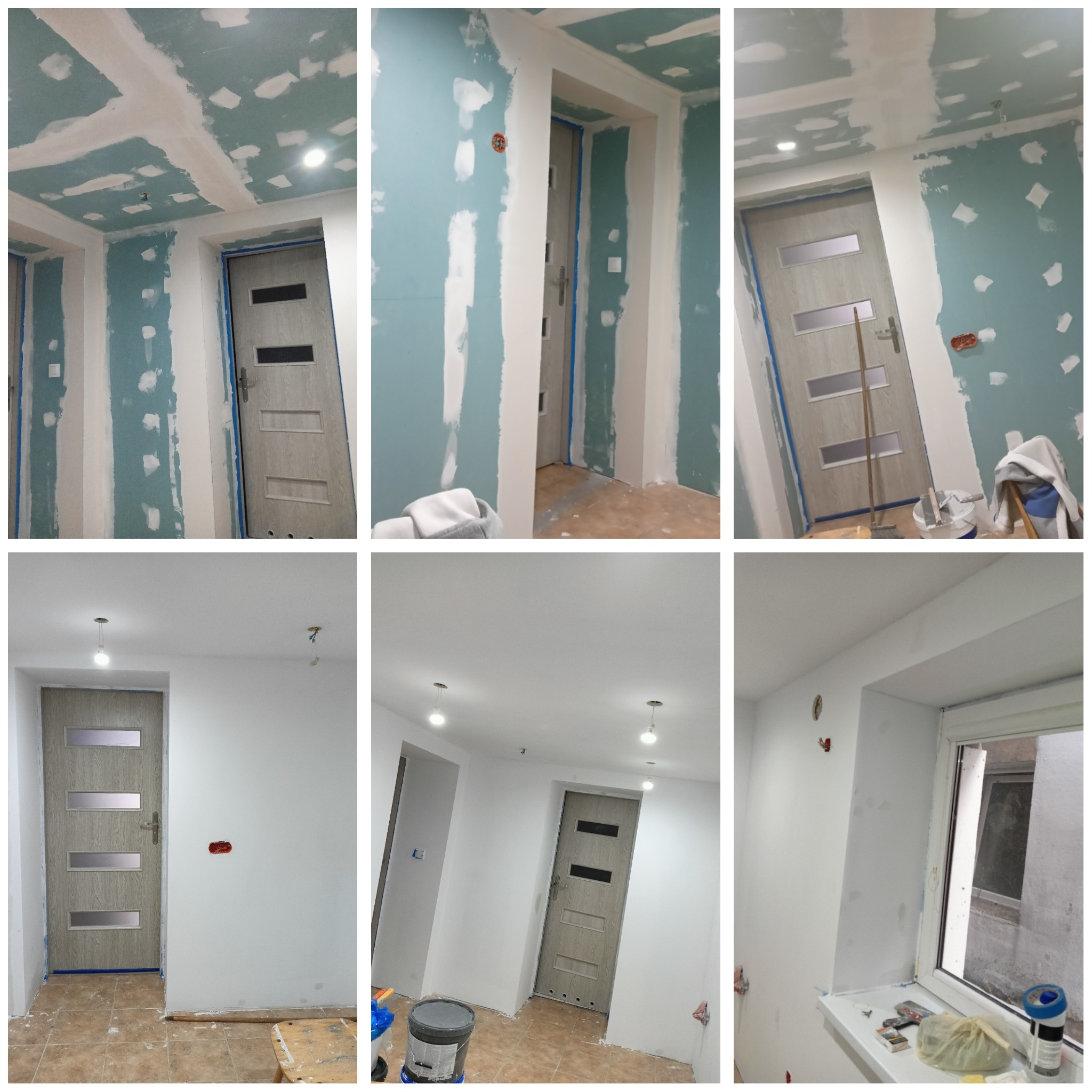 Wnętrze w trakcie remontu: ściany i sufit z płyt kartonowo-gipsowych, częściowo wyszpachlowane, widoczne zaklejone taśmą zabezpieczającą ościeżnice drzwi, przygotowania do malowania.