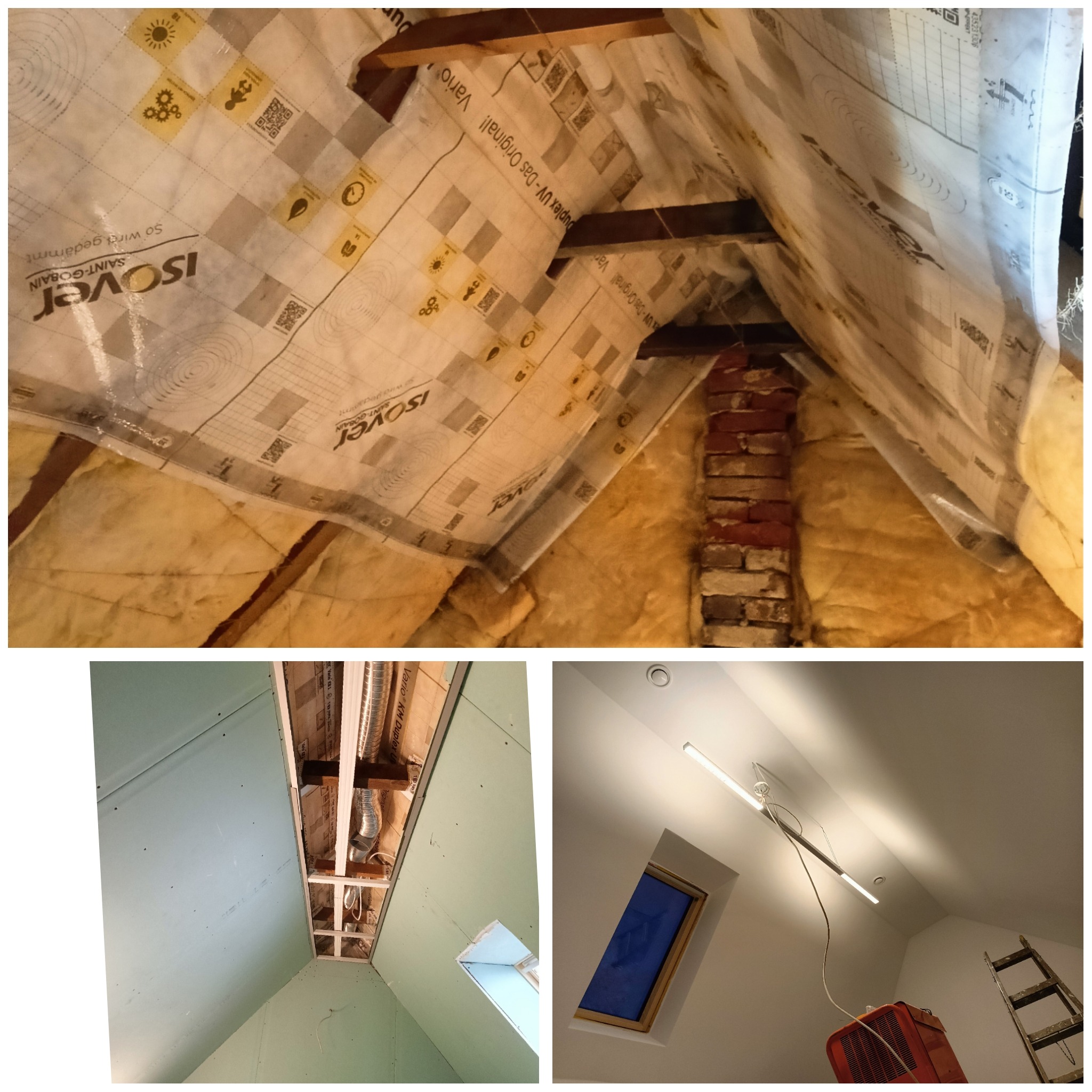 Poddasze z izolacją z wełny mineralnej i folii paroizolacyjnej Isover, widoczny fragment komina z czerwonej cegły, fragment ściany z płyt gipsowo-kartonowych oraz oświetlenie z lampą LED i okno...