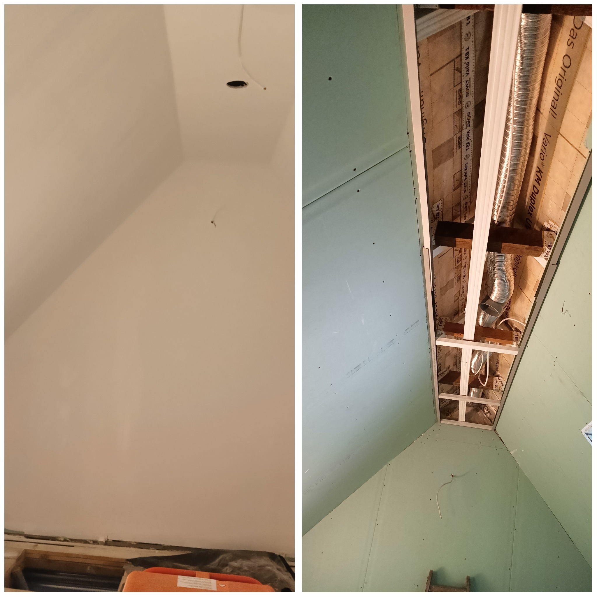 Poddasze w trakcie wykańczania: ściana z płyt karton-gips, widoczne ocieplenie i elementy wentylacji pod skosami dachu.