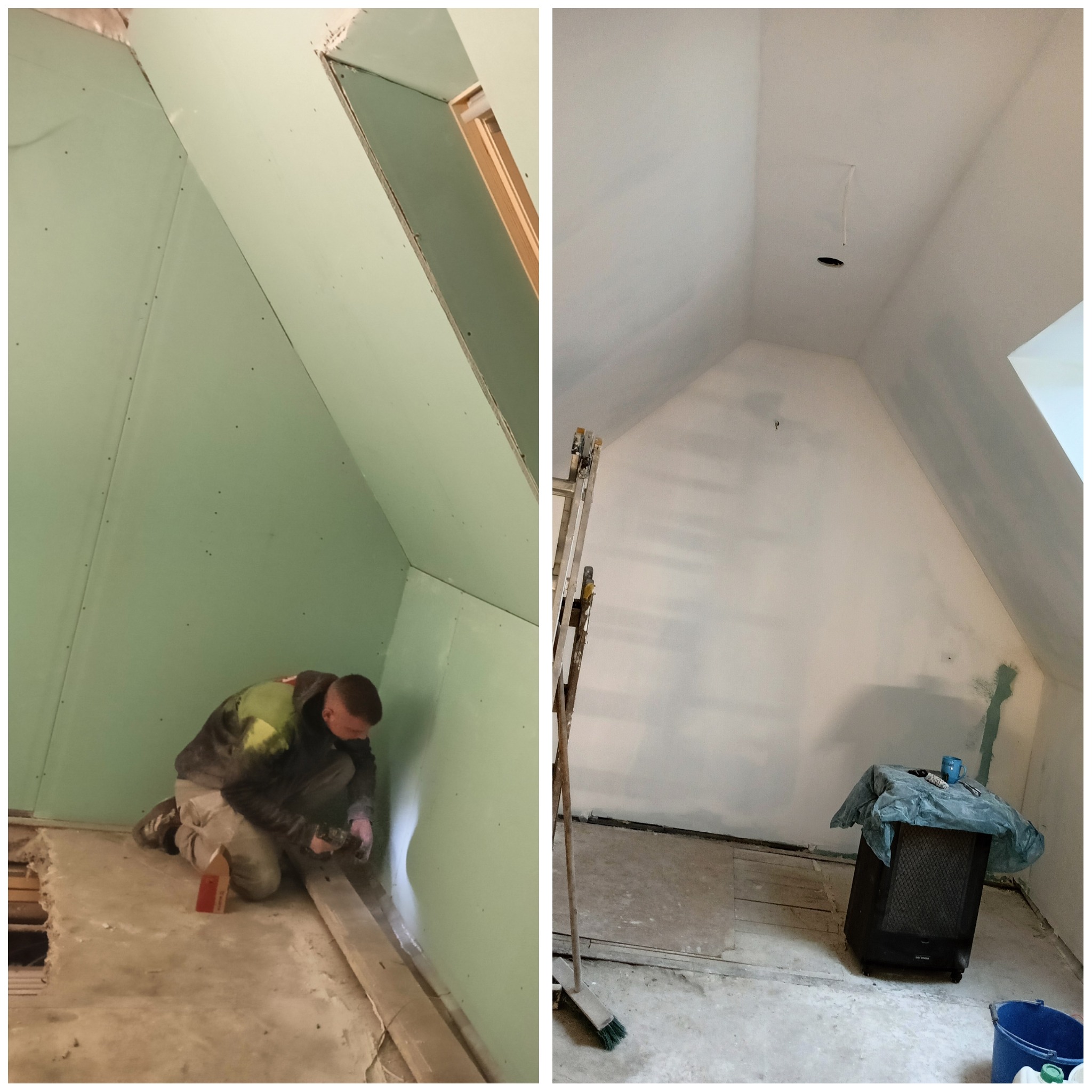 Przedstawione jest wnętrze poddasza w trakcie prac remontowych. Po lewej stronie widoczna jest ściana pokryta zieloną płytą kartonowo-gipsową, przy której pracuje mężczyzna w odzieży roboczej...