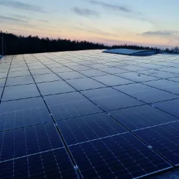 Rozległa instalacja paneli słonecznych na dachu budynku, widoczna z perspektywy lekko z góry, z zalesionym terenem i zachodzącym słońcem w tle.