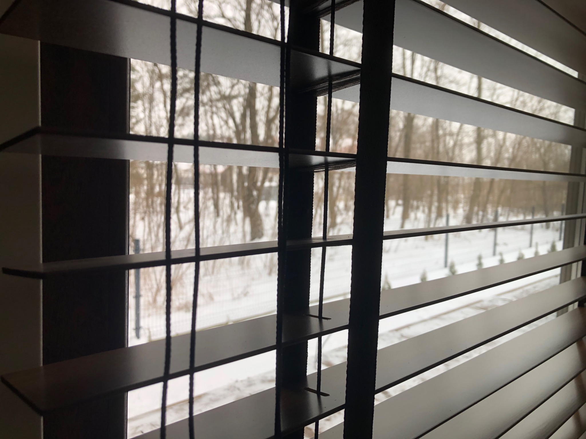 Drewniane żaluzje poziome z czarnymi sznurkami, widok z okna na zimowy krajobraz z drzewami i śniegiem.