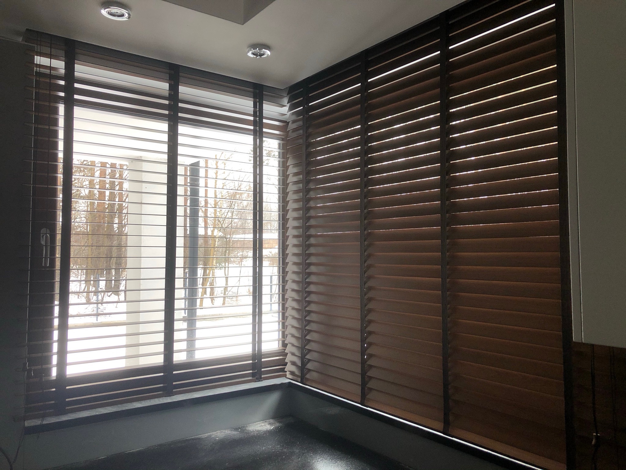 Drewniane żaluzje poziome w kolorze orzecha na oknie, widok na zimowy krajobraz z drzewami i śniegiem, oświetlenie sufitowe.