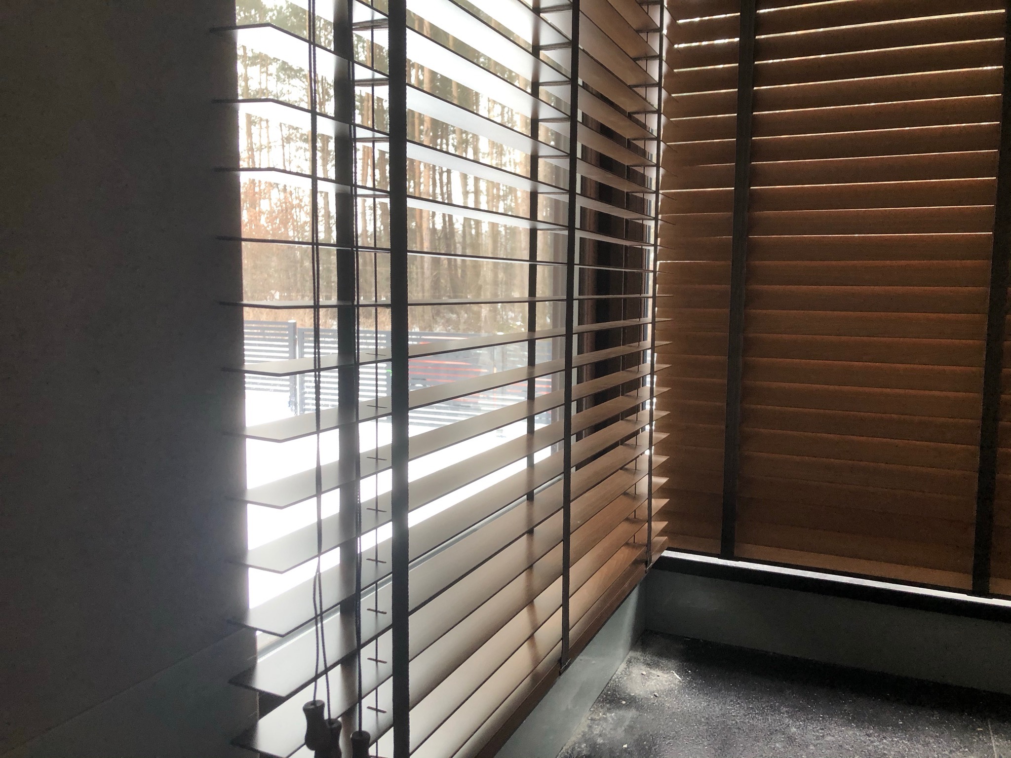 Drewniane żaluzje poziome w pomieszczeniu, częściowo zasłonięte, z widokiem na zewnątrz przez szpary, delikatne światło słoneczne przenika przez drzewa w tle.