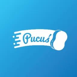 Logo firmy 'Pucuś' z nazwą i grafiką przypominającą gąbkę na niebieskim tle.