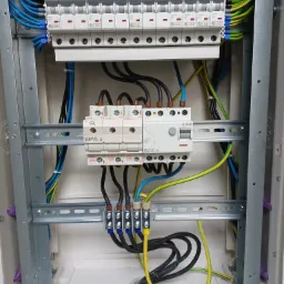 Rozdzielnica elektryczna w trakcie montażu, widoczne bezpieczniki, przewody w kolorach niebieskim, żółto-zielonym i czarnym, zamocowane na szynach DIN wewnątrz białej obudowy. Widoczne oznaczenia...