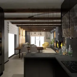 Wizualizacja wnętrza: czarna kuchnia z wyspą i płytą indukcyjną, otwarta na jadalnię z drewnianym stołem i salon z kominkiem, drewniane belki na suficie i wiszące lampy.