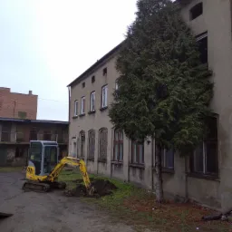 Żółto-szara mini-koparka New Holland przy starej, szarej kamienicy z zabitymi oknami, obok rosnąca tuja, świeżo wykopana dziura w ziemi.