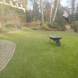 Ogrodnik - Jesienny ogród z równo skoszoną trawą i ścieżką z kostki. W tle drzewa i dom. Na trawniku stoi pusta taczka.