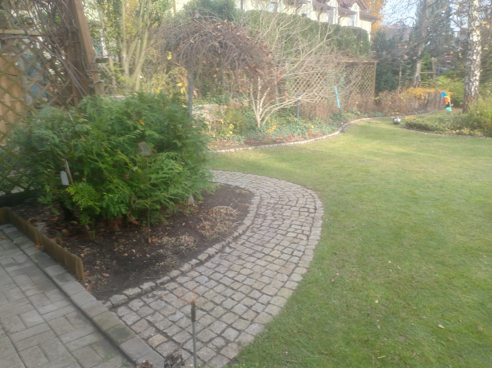 Utrzymany ogród z trawnikiem i ścieżką z kostki brukowej, obok rabata z tujami i drewnianą kratką. W tle drzewa i dom.