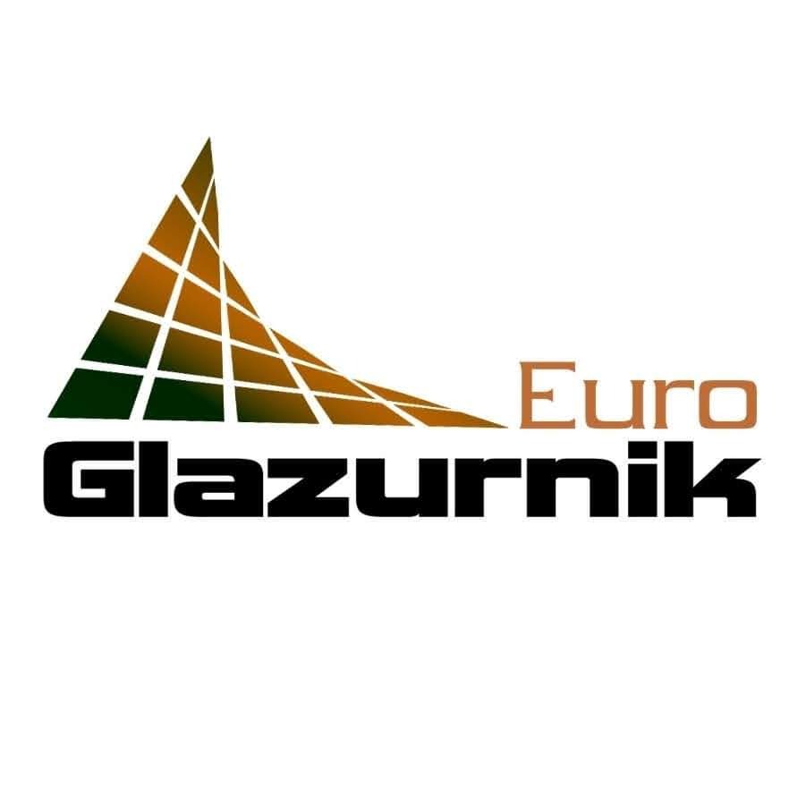 Logo firmy z abstrakcyjnym motywem kafelków w formie trójkąta i napisem Euro Glazurnik.
