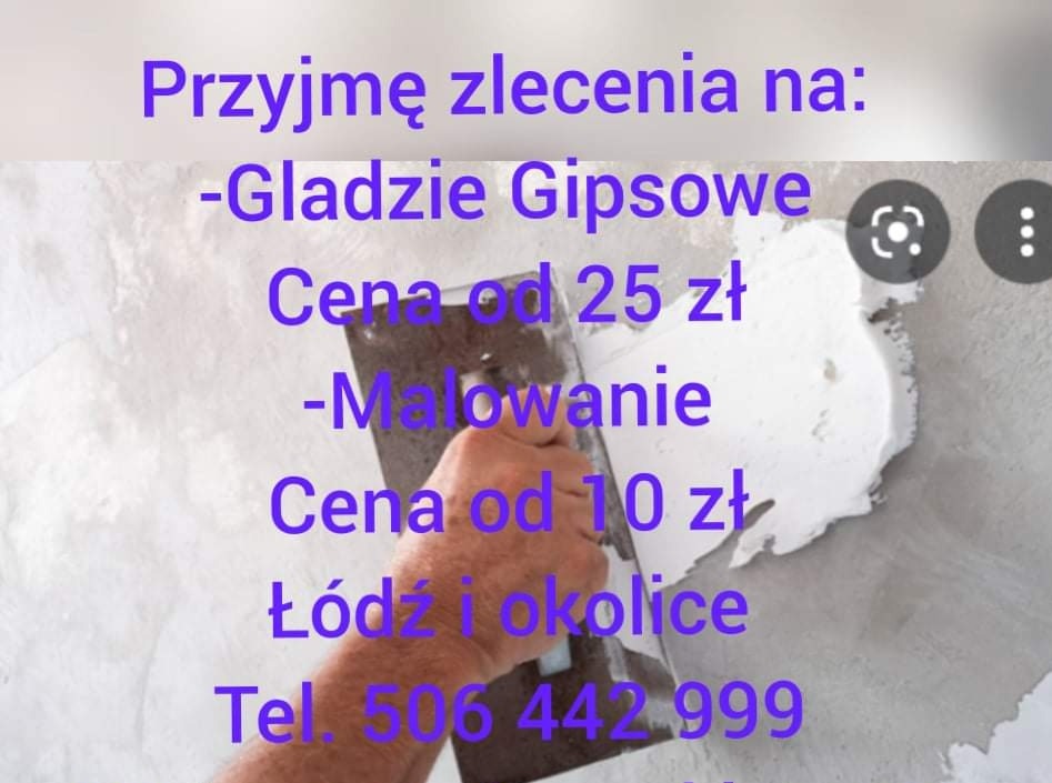 Ogłoszenie usług remontowych: nakładanie gładzi gipsowej na ścianę szpachelką, z informacją o cenie od 25 zł i malowaniu od 10 zł, oferta dla Łodzi i okolic, numer telefonu.
