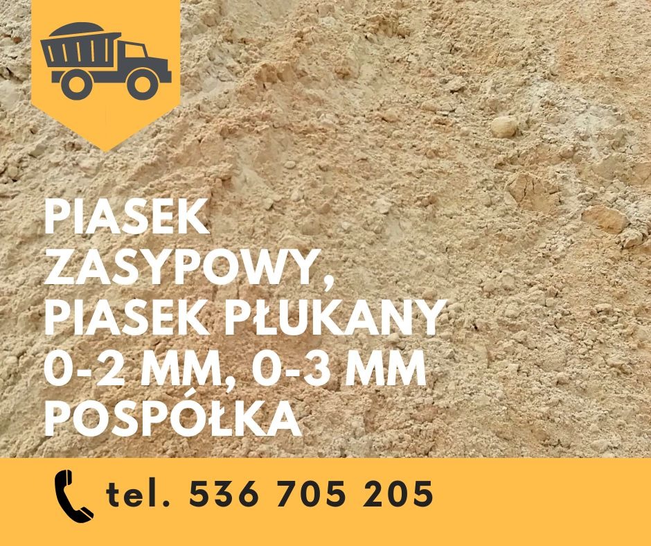 Jasny, drobnoziarnisty materiał sypki, prawdopodobnie piasek zasypowy lub płukany, o frakcji 0-2 mm lub 0-3 mm, z widocznym logo ciężarówki i numerem telefonu kontaktowego w dolnej części kadru.