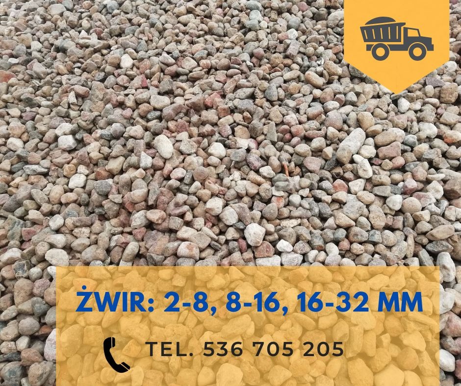 Kupa drobnych kamieni o różnych odcieniach szarości i brązu, z nakładką graficzną w prawym górnym rogu przedstawiającą sylwetkę ciężarówki oraz tekstem z rozmiarem frakcji i numerem telefonu.
