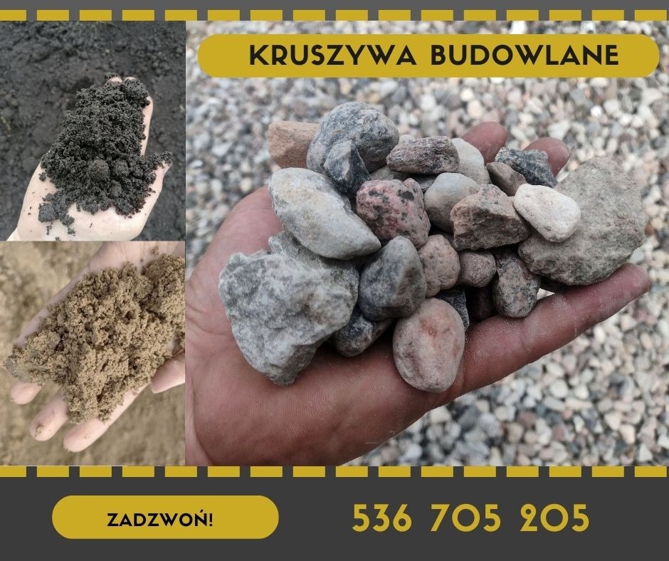 Kompozycja trzech ujęć dłoni prezentujących: ciemny urobek ziemny, piasek budowlany i różnokolorowe kamienie kruszywa na tle wysypanego żwiru, całość w ramce z numerem telefonu.