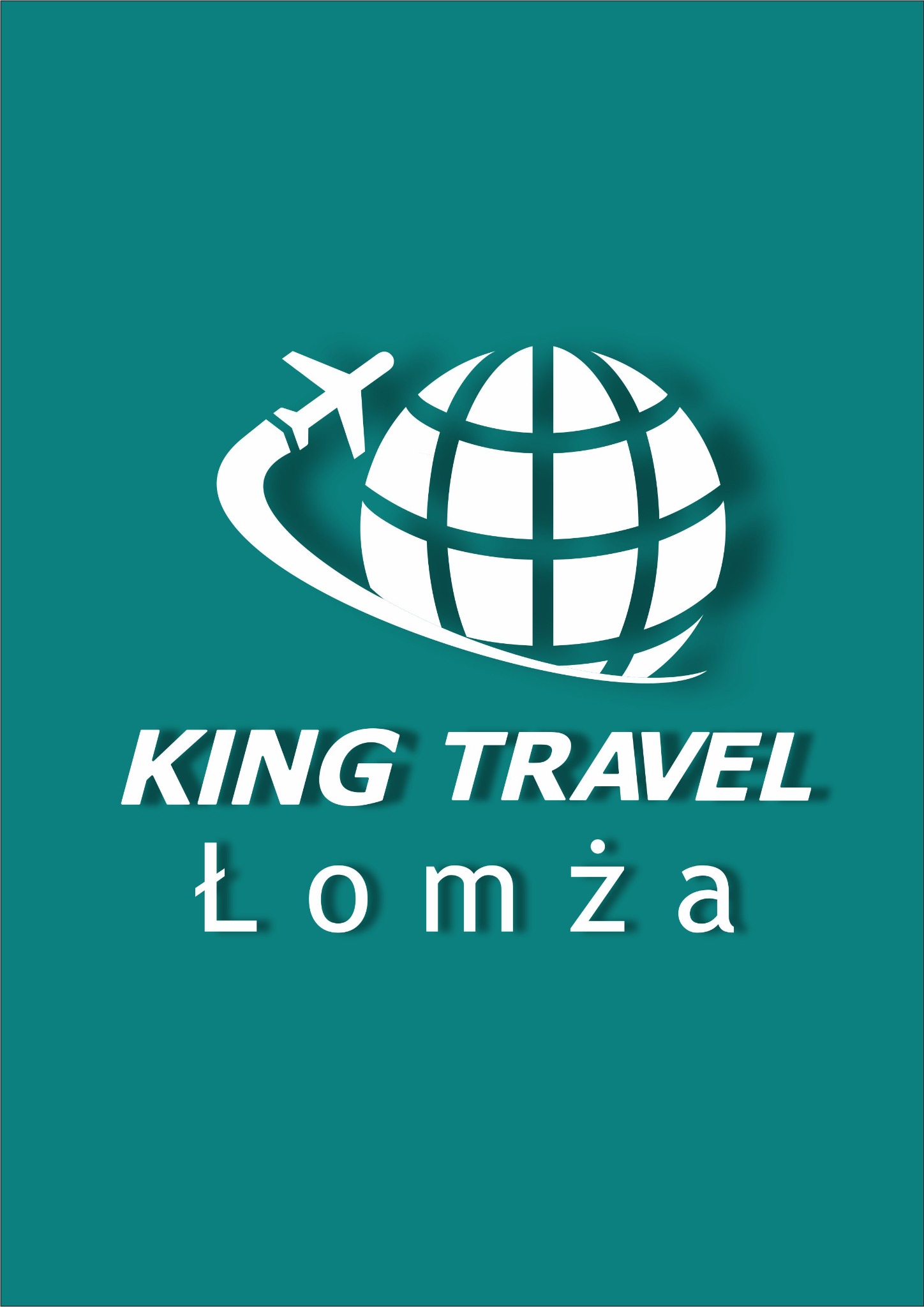 Logo firmy King Travel z Łomży: biały globus z siatką południków i równoleżników, okrążony przez stylizowany biały samolot z wyraźnym śladem smug dymu, na turkusowym tle.