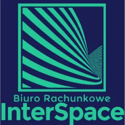 Logo biura rachunkowego InterSpace z abstrakcyjnym motywem linii w kolorze turkusowym na granatowym tle.