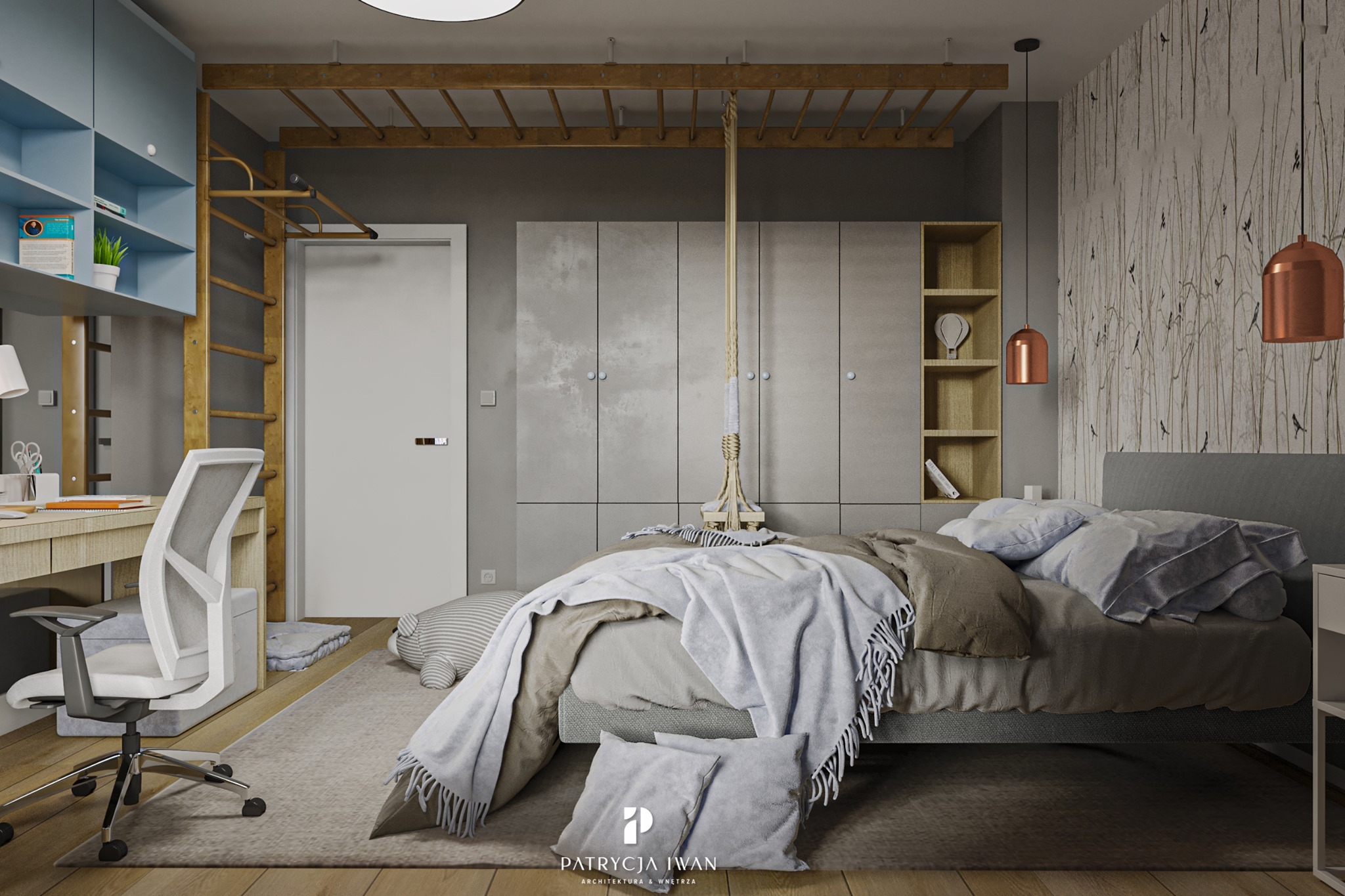 Pokój młodzieżowy z łóżkiem, biurkiem, szafą wnękową z szarymi frontami, drabinką gimnastyczną i huśtawką sznurkową podwieszoną do sufitu, w neutralnej kolorystyce z akcentami drewna i miedzi.