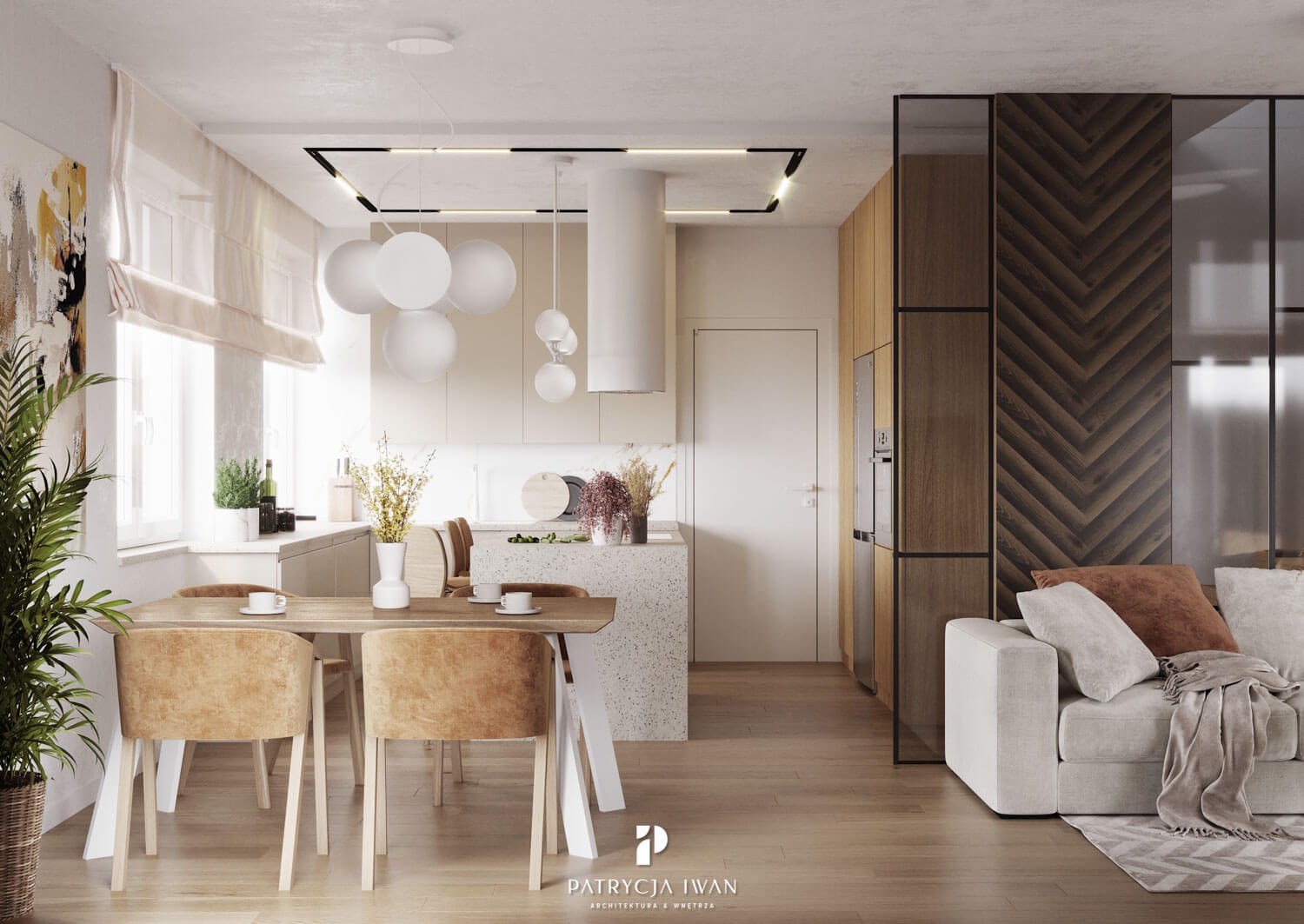 Jasne wnętrze otwartej kuchni z jadalnią i salonem, drewniana podłoga, stół z krzesłami o beżowej tapicerce, wyspa kuchenna z blatem lastryko, białe sferyczne lampy wiszące, sofa z poduszkami...