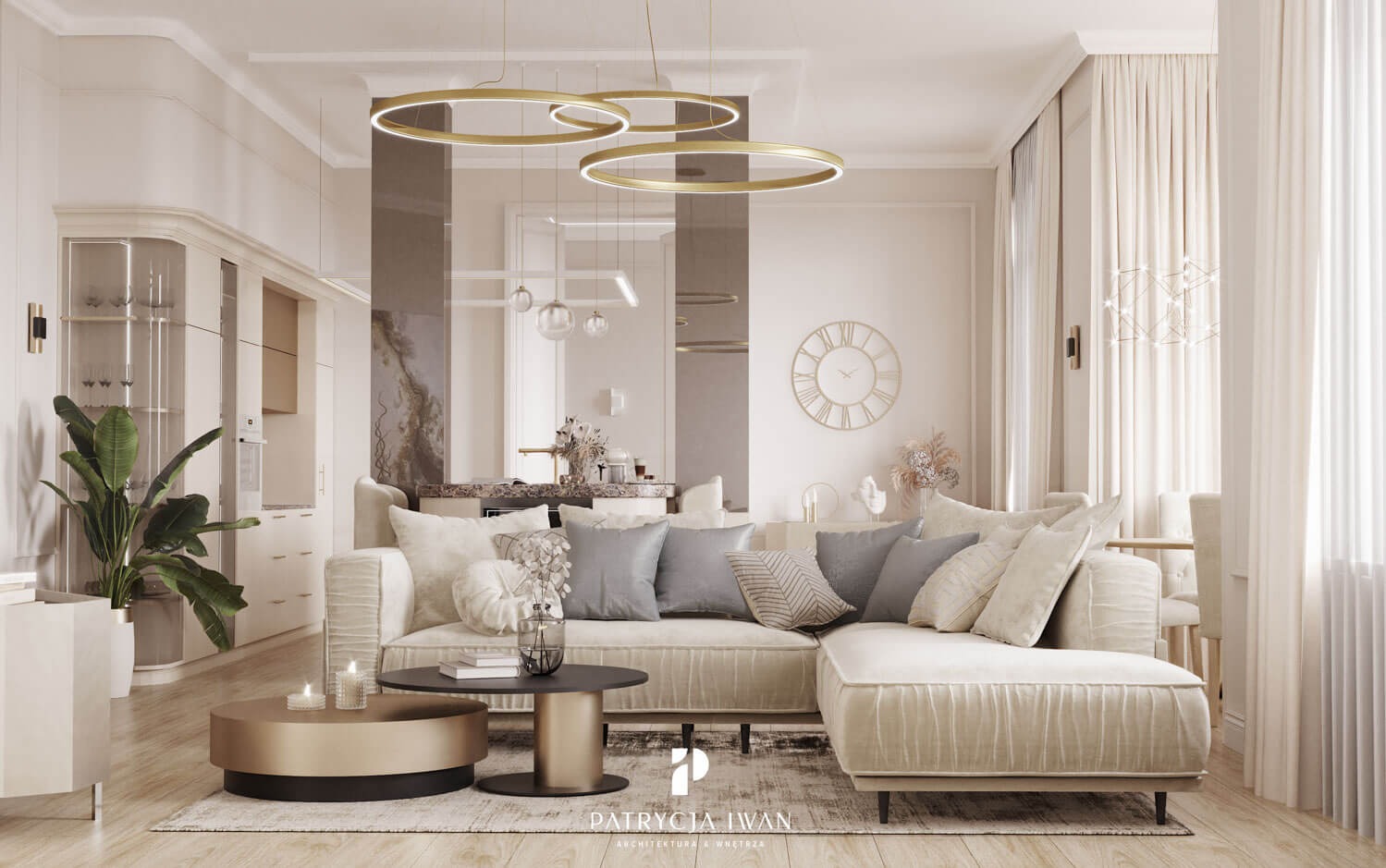 Jasny salon z narożną sofą z weluru, okrągłymi stolikami kawowymi w kolorze złota i czerni, oraz dekoracyjnymi lampami wiszącymi w kształcie złotych okręgów, widok na aneks kuchenny z przeszkloną...