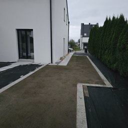 NIKO-BRUK - Przygotowanie terenu pod ścieżkę z płyt i obrzeży w Ostrorogu. Widoczna czarna agrowłóknina i jasne płyty. Minimalistyczny styl domu i wysokie tuje w tle.