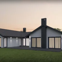 Wizualizacja parterowego domu jednorodzinnego z ciemną, metalową dachówką, dużymi oknami z zasłonami i elewacją w odcieniach szarości, oświetlonego zewnętrznymi lampami ściennymi, otoczonego...
