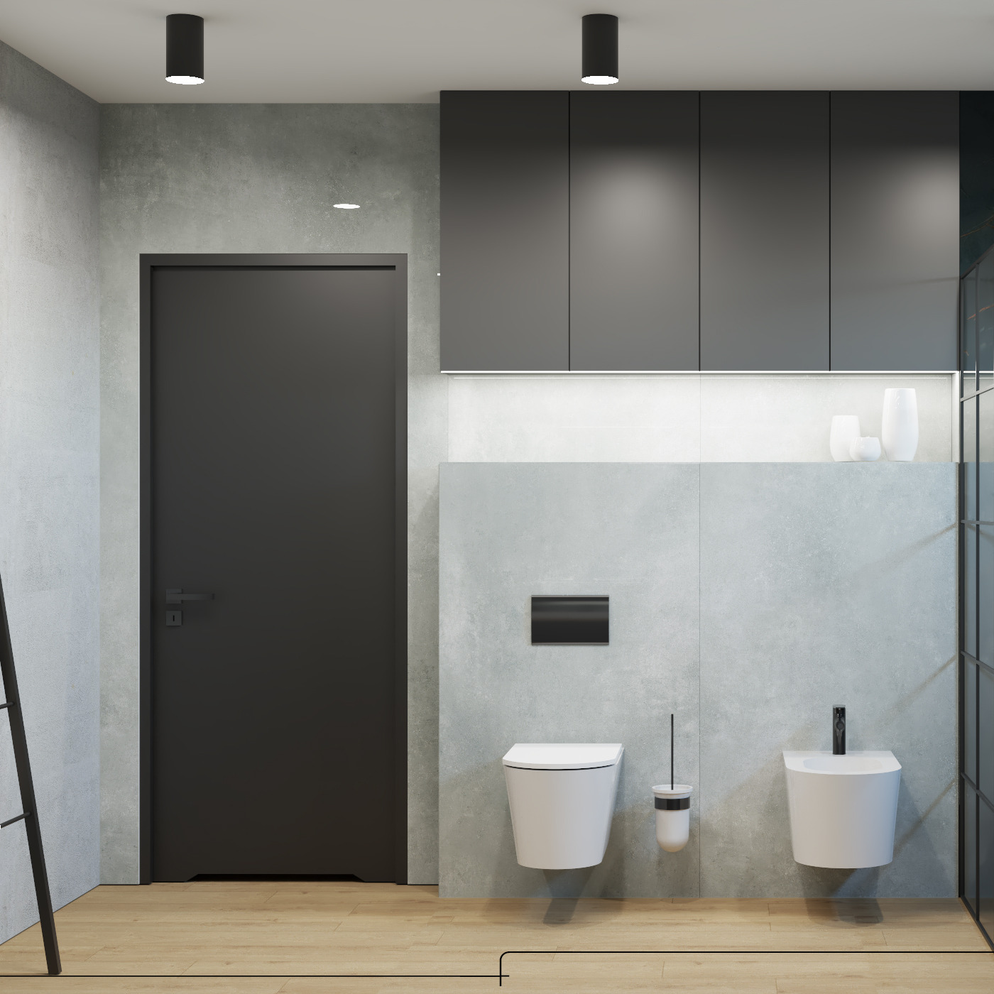 Minimalistyczna łazienka w szarościach z podwieszaną toaletą i bidetem, drewniana podłoga, czarne szafki wiszące i drzwi.