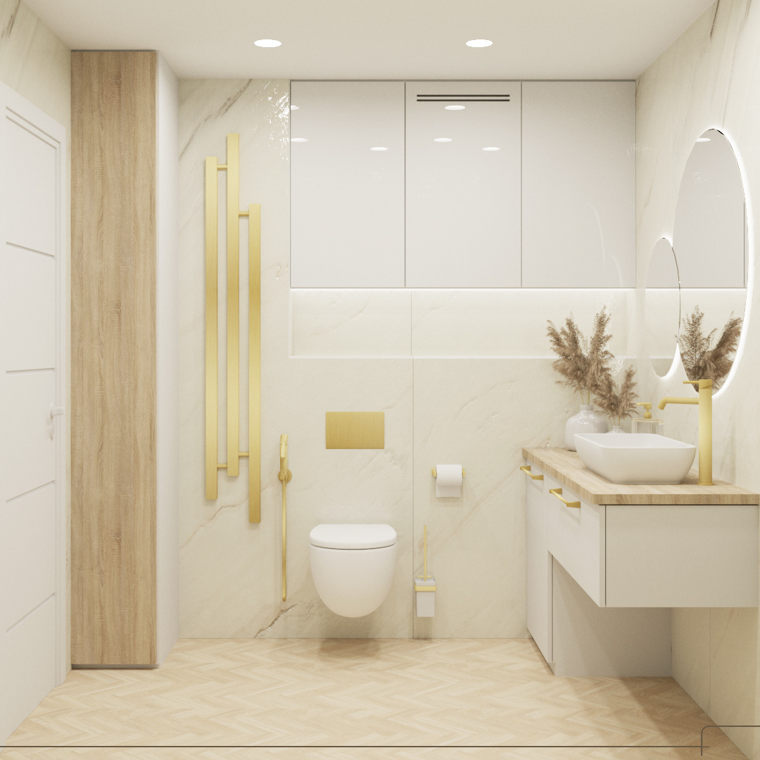 Jasna łazienka w odcieniach beżu i bieli z akcentami złota: minimalistyczna toaleta podwieszana, umywalka nablatowa z armaturą w kolorze złota, podświetlane lustro owalne i dekoracyjne złote panele...