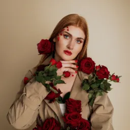 Portret kobiety o rudych włosach i niebieskich oczach w beżowym płaszczu, udekorowanej czerwonymi różami i płatkami róż na twarzy, z czerwonymi ustami i paznokciami.