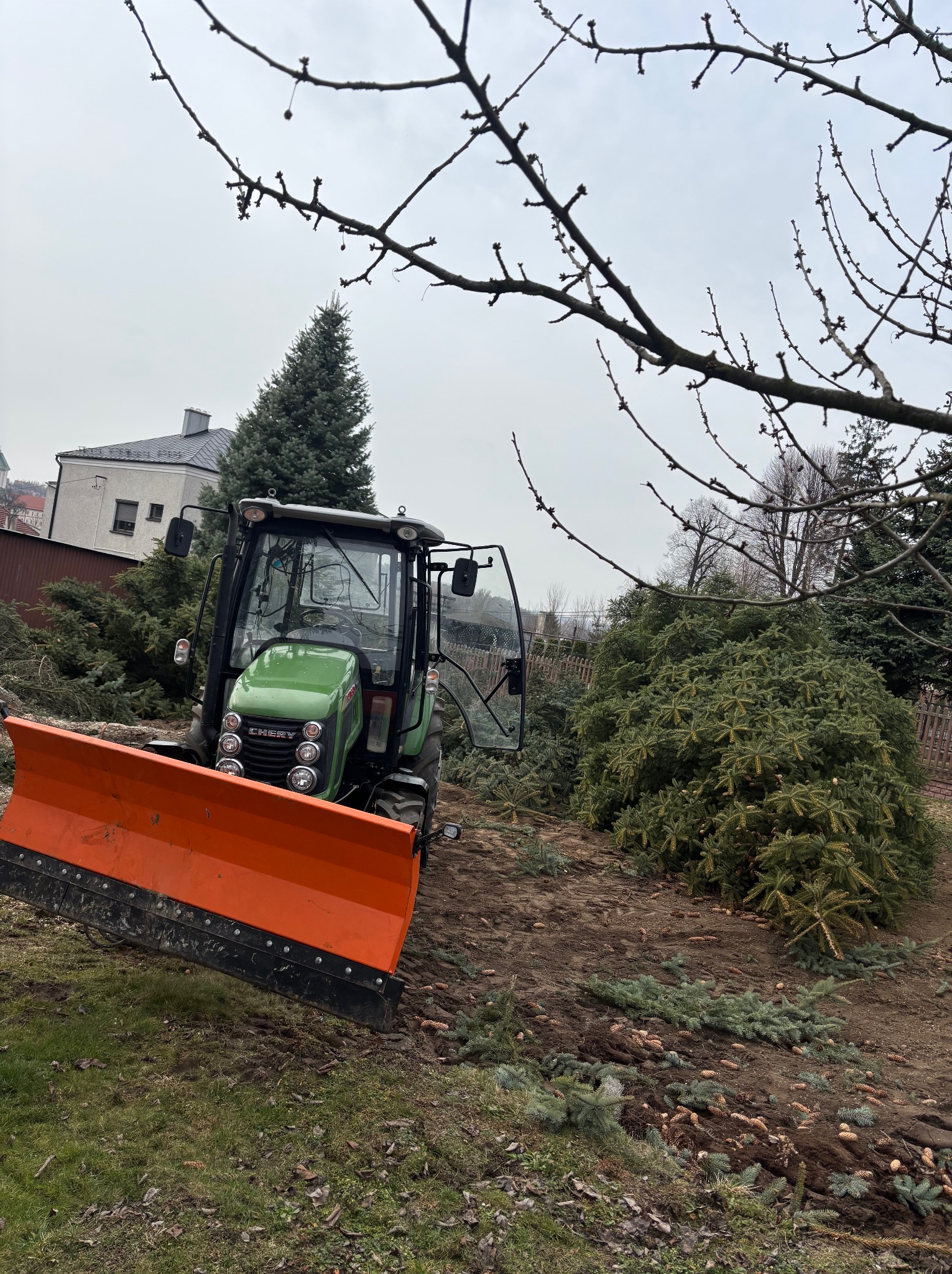 Zielony traktor z pomarańczowym pługiem na ziemi usłanej gałązkami i szyszkami, w tle ścięte drzewa iglaste i budynki. Pochmurny dzień.