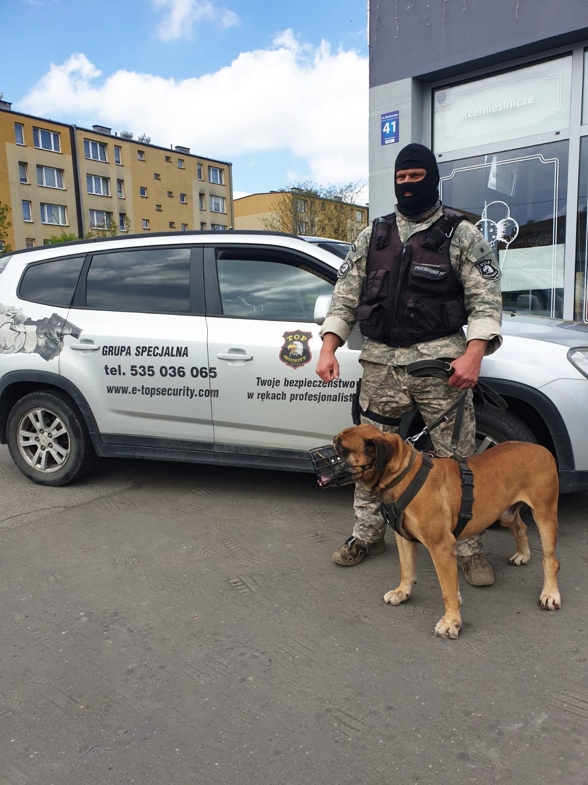 Ochroniarz w kominiarce i kamuflażu stoi z psem w kagańcu przed samochodem z logo firmy, na tle budynku.