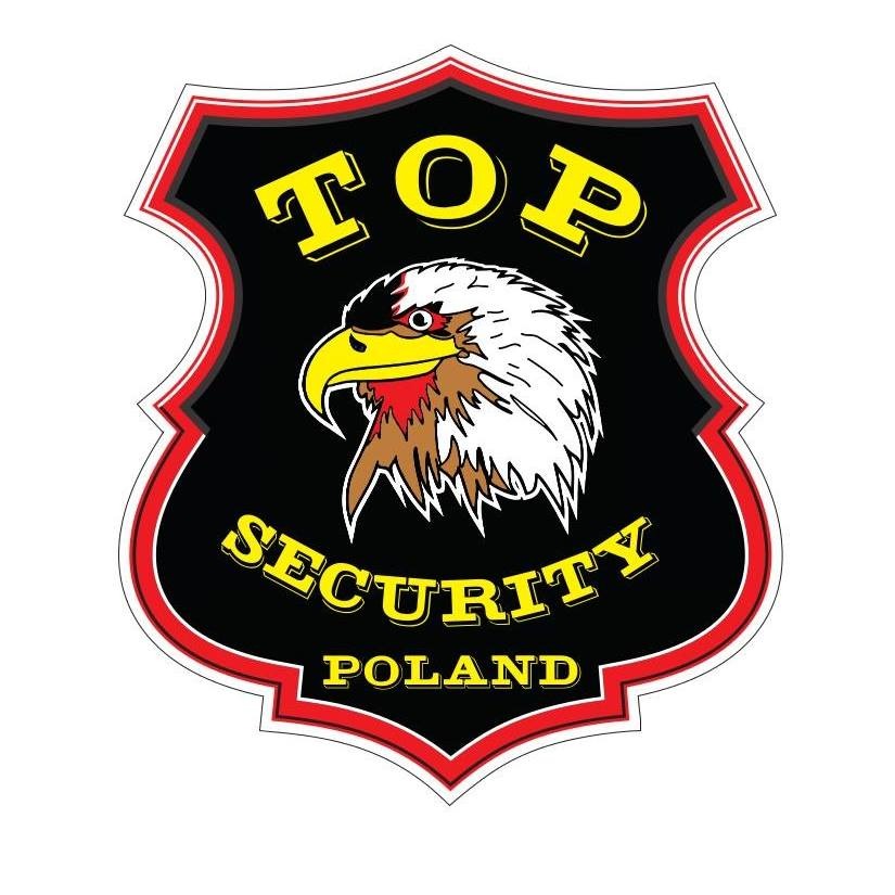Logo firmy z orłem w tarczy: TOP SECURITY POLAND, czarno-czerwona tarcza.