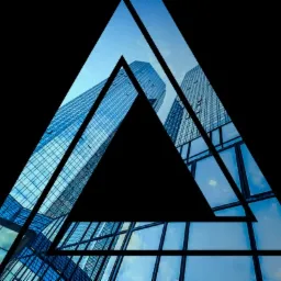Abstrakcyjne ujęcie dwóch nowoczesnych, szklanych biurowców widzianych przez pryzmat trójkątnej ramy, z niebem odbijającym się w fasadach.