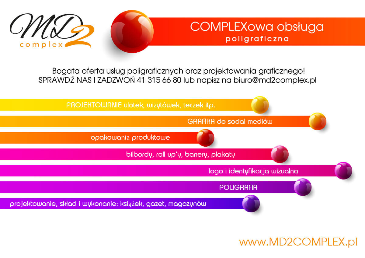 Graficzna prezentacja oferty firmy poligraficznej: projektowanie ulotek, wizytówek, grafika do social mediów, opakowania produktowe, bilbordy, logo i identyfikacja wizualna, poligrafia...