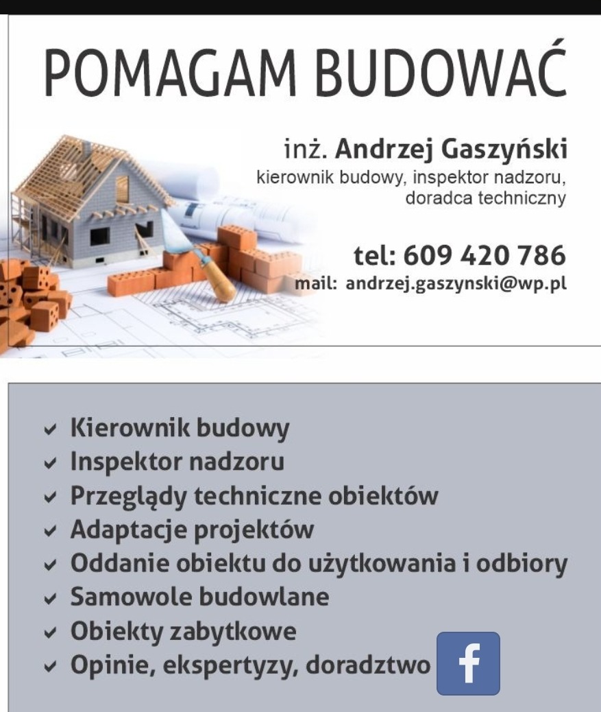 Wizytówka inżyniera budownictwa z modelem domu w trakcie budowy, cegłami, kielnią i planami architektonicznymi w tle.