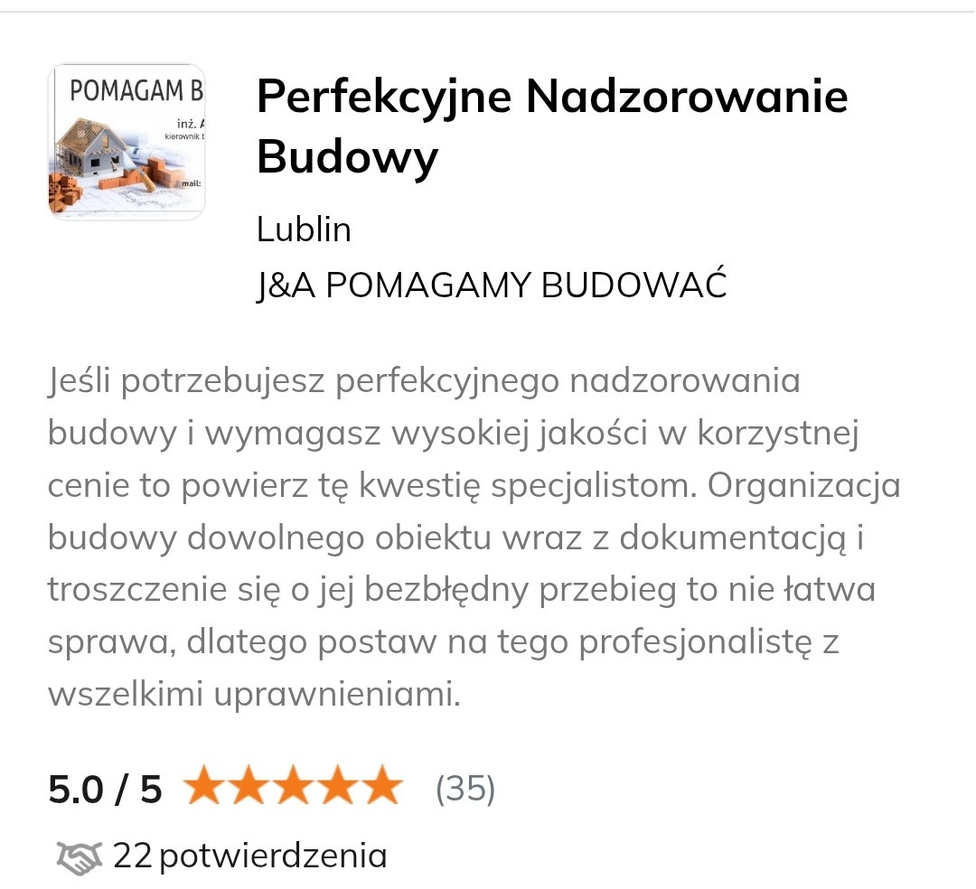 Ogłoszenie: Perfekcyjne nadzorowanie budowy w Lublinie. Logo firmy z grafiką domu w budowie. Ocena 5.0/5 i 22 potwierdzenia. Tekst o organizacji budowy.