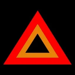 Czerwony trójkąt ostrzegawczy z pomarańczowym trójkątem w środku na czarnym tle.