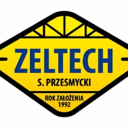 Żółto-czarne logo firmy ZELTECH S. PRZESMYCKI, rok założenia 1992, umieszczone w romboidalnej ramie z motywem konstrukcji dachu w górnej części.