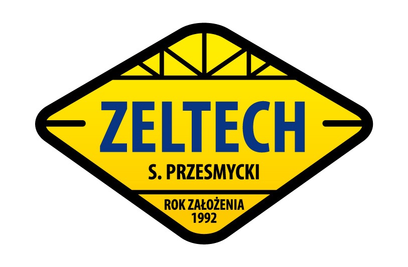 Żółto-czarne logo firmy ZELTECH S. PRZESMYCKI, rok założenia 1992, umieszczone w romboidalnej ramie z motywem konstrukcji dachu w górnej części.