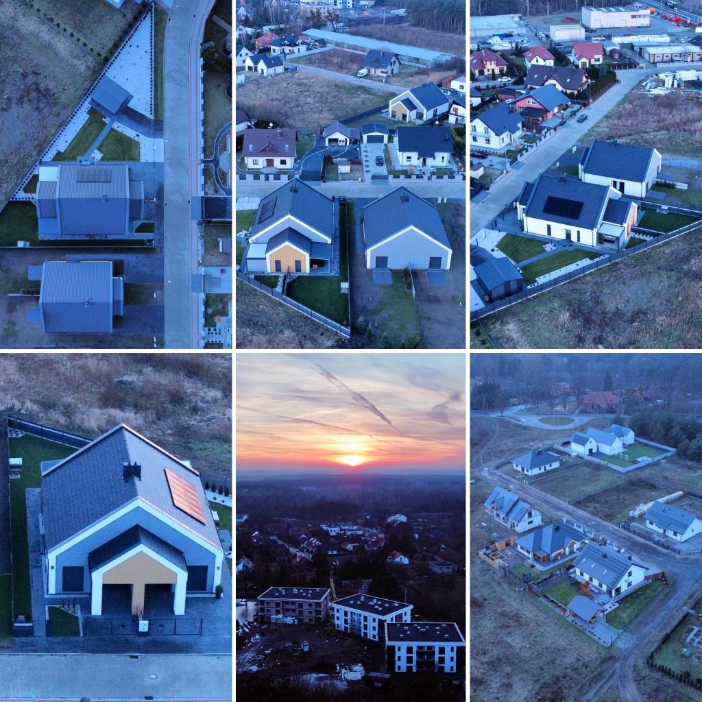 Kompozycja sześciu zdjęć lotniczych prezentujących różne ujęcia osiedla domów jednorodzinnych, w tym widok z góry na domy z panelami słonecznymi, krajobraz o zachodzie słońca i widok na domy...