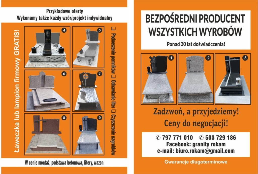 Ulotka reklamowa prezentująca przykładowe projekty nagrobków z różnych materiałów i w różnych stylach, oferująca dodatkowo ławeczkę lub lampion firmowy gratis, wraz z informacjami kontaktowymi...