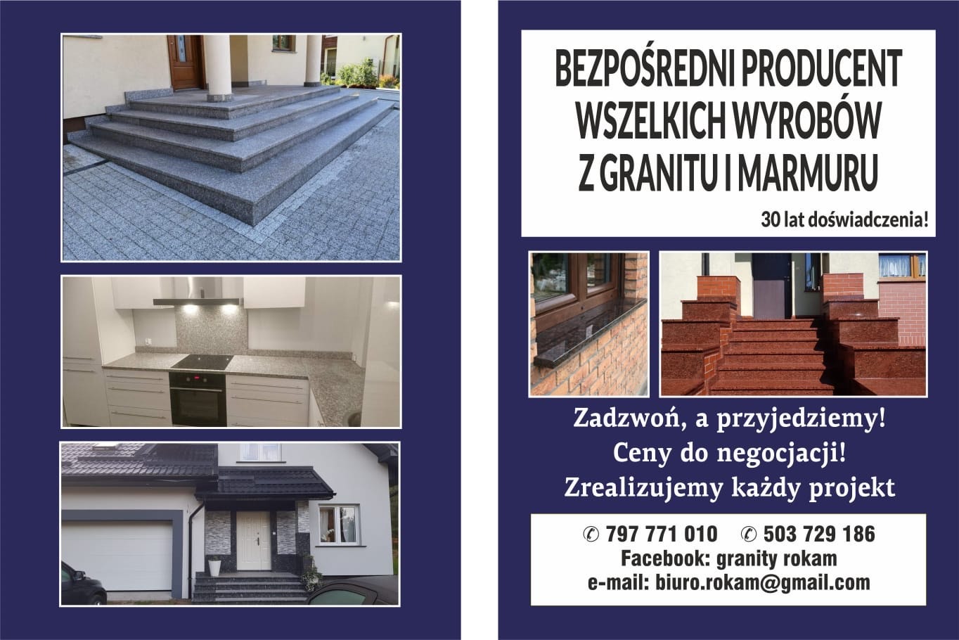 Kompozycja reklamowa prezentująca wyroby z granitu i marmuru, w tym schody zewnętrzne z szarego granitu, blat kuchenny z szarego kamienia oraz elewację domu z elementami z szarego kamienia.